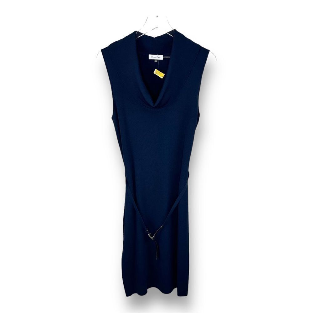 Calvin Klein Cowl Neck Sleeveless Fine Knit Navy Blue Sheath Dress w/Belt Sz M
